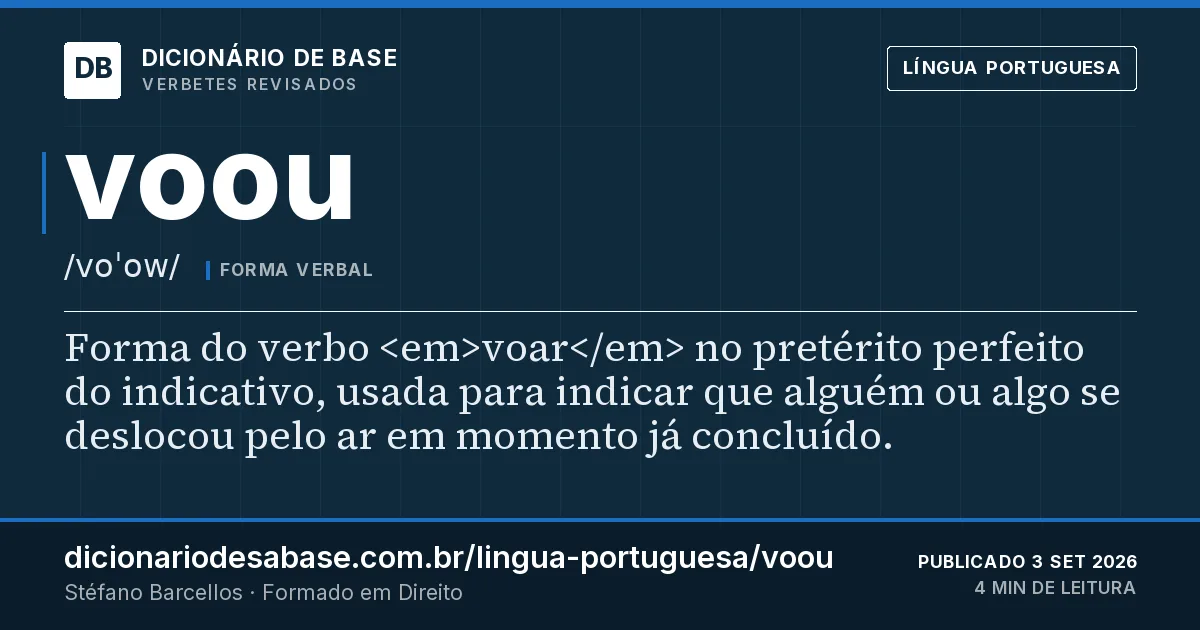 Cartão do verbete voou: Forma do verbo voar no pretérito perfeito do indicativo, usada para indicar que alguém ou algo se deslocou pelo ar em…