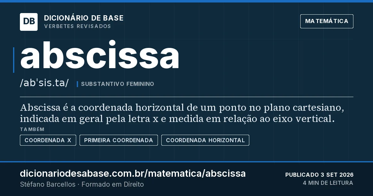 Cartão do verbete abscissa: Abscissa é a coordenada horizontal de um ponto no plano cartesiano, indicada em geral pela letra x e medida em relação…