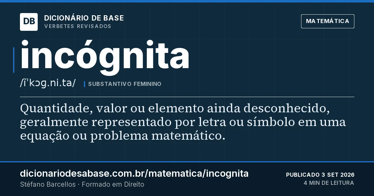 Cartão do verbete incógnita: Quantidade, valor ou elemento ainda desconhecido, geralmente representado por letra ou símbolo em uma equação ou…