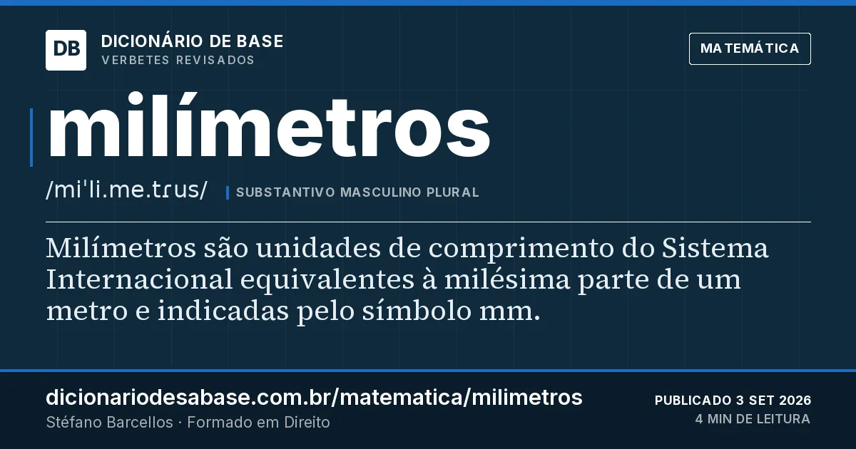 Cartão do verbete milímetros: Milímetros são unidades de comprimento do Sistema Internacional equivalentes à milésima parte de um metro e indicadas…