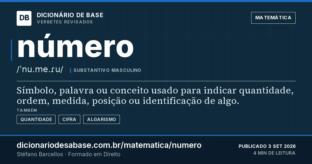 Cartão do verbete número: Símbolo, palavra ou conceito usado para indicar quantidade, ordem, medida, posição ou identificação de algo.