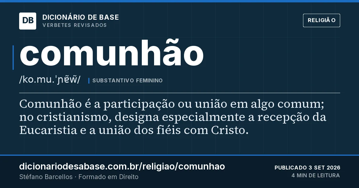 Cartão do verbete comunhão: Comunhão é a participação ou união em algo comum; no cristianismo, designa especialmente a recepção da Eucaristia e a…