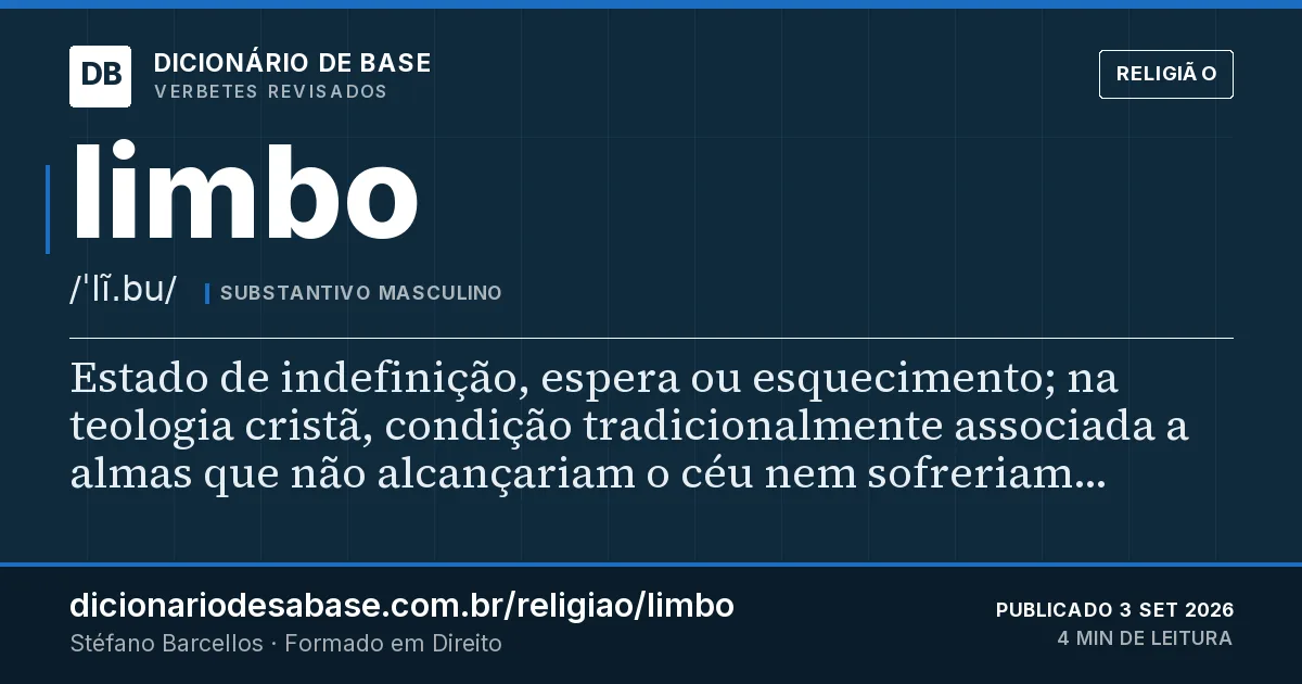 Cartão do verbete limbo: Estado de indefinição, espera ou esquecimento; na teologia cristã, condição tradicionalmente associada a almas que não…