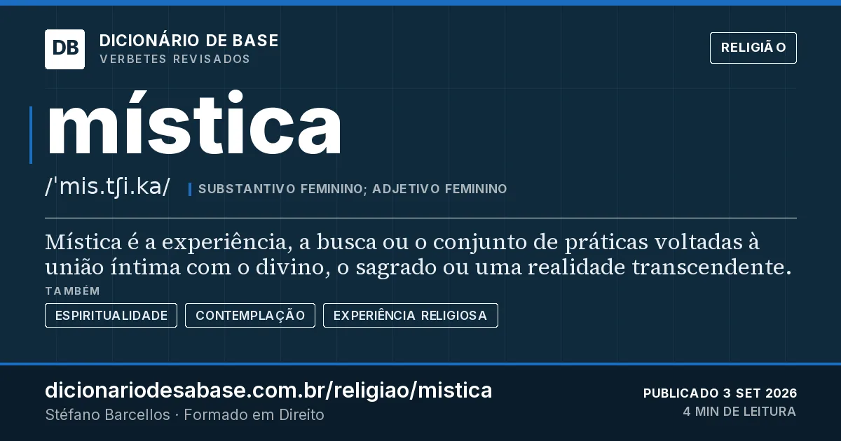 Cartão do verbete mística: Mística é a experiência, a busca ou o conjunto de práticas voltadas à união íntima com o divino, o sagrado ou uma…