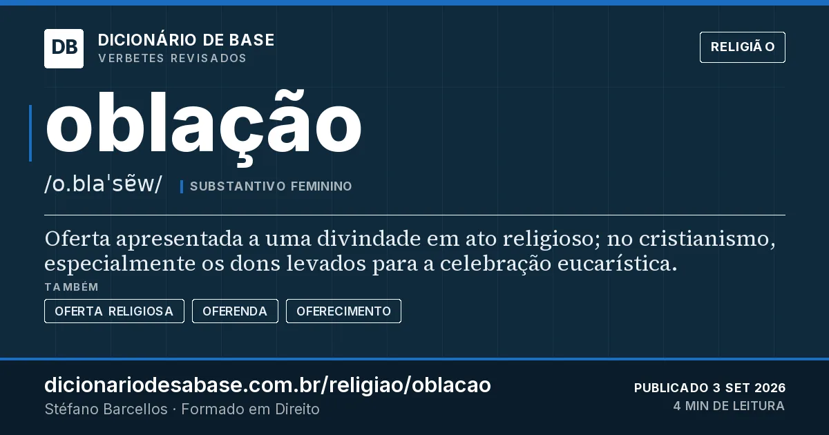 Cartão do verbete oblação: Oferta apresentada a uma divindade em ato religioso; no cristianismo, especialmente os dons levados para a celebração…