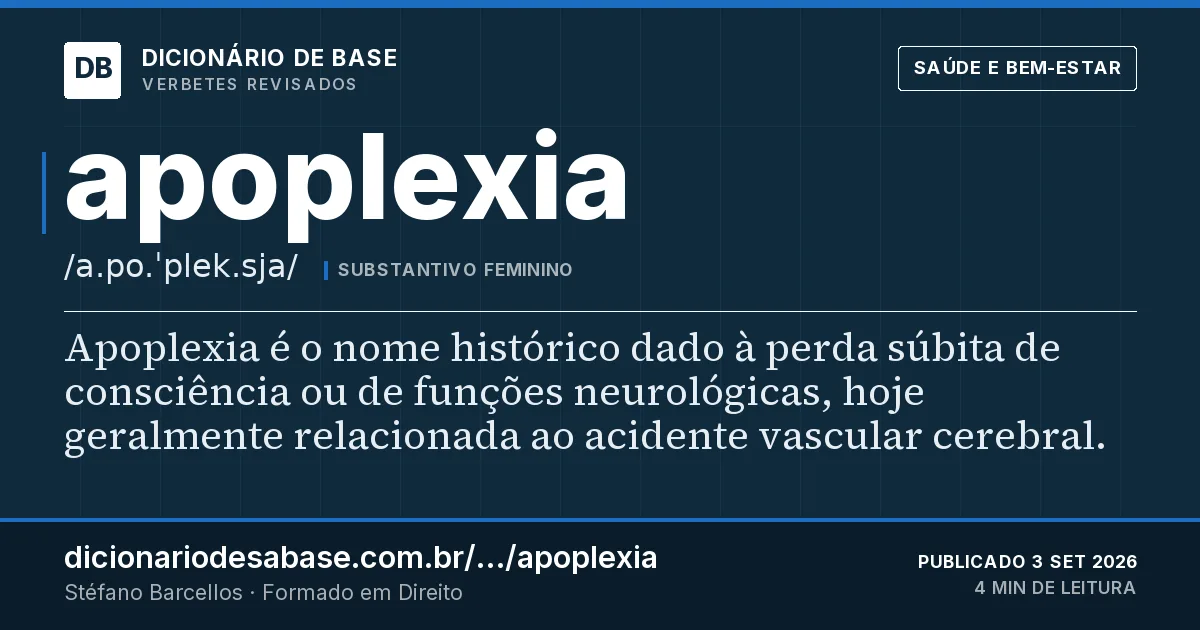 Cartão do verbete apoplexia: Apoplexia é o nome histórico dado à perda súbita de consciência ou de funções neurológicas, hoje geralmente relacionada…