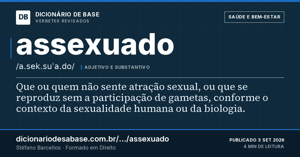 Cartão do verbete assexuado: Que ou quem não sente atração sexual, ou que se reproduz sem a participação de gametas, conforme o contexto da…