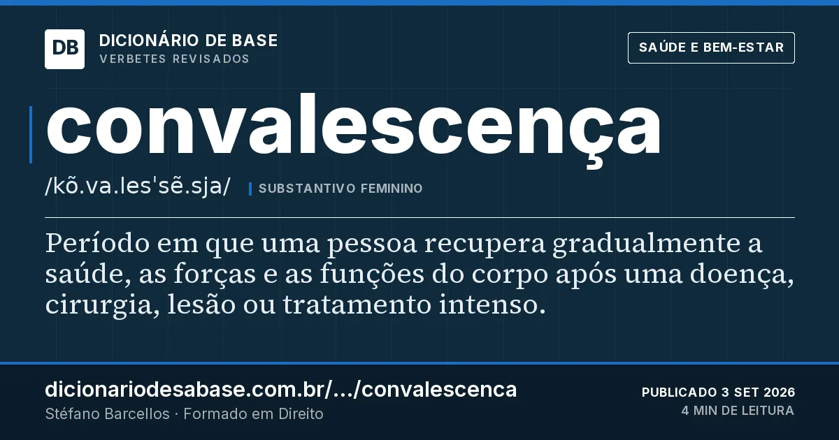 Cartão do verbete convalescença: Período em que uma pessoa recupera gradualmente a saúde, as forças e as funções do corpo após uma doença, cirurgia…