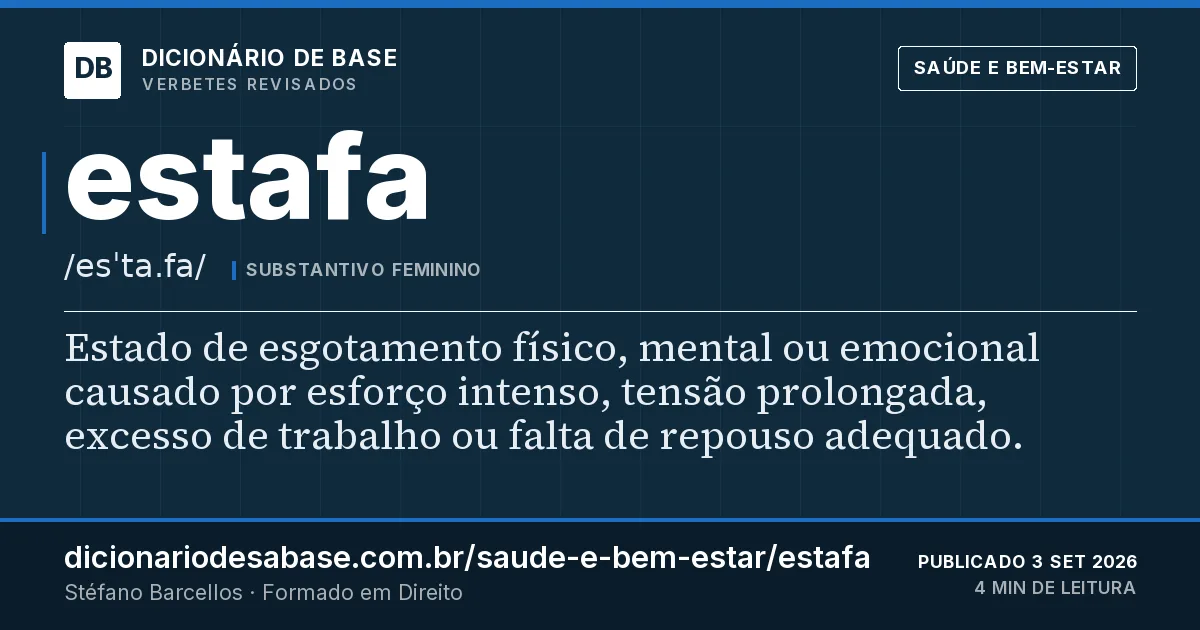 Cartão do verbete estafa: Estado de esgotamento físico, mental ou emocional causado por esforço intenso, tensão prolongada, excesso de trabalho…