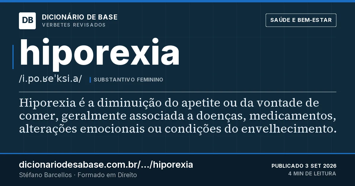 Cartão do verbete hiporexia: Hiporexia é a diminuição do apetite ou da vontade de comer, geralmente associada a doenças, medicamentos, alterações…