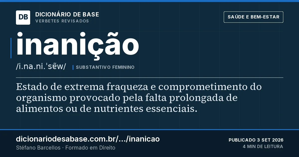 Cartão do verbete inanição: Estado de extrema fraqueza e comprometimento do organismo provocado pela falta prolongada de alimentos ou de nutrientes…