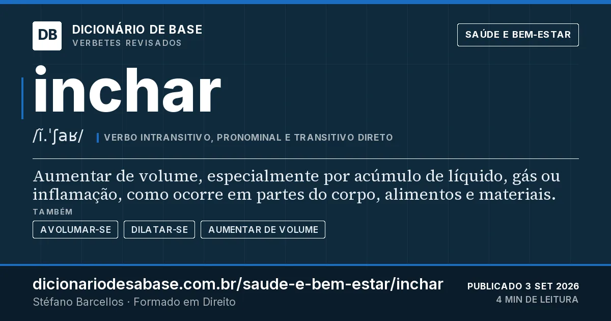 Cartão do verbete inchar: Aumentar de volume, especialmente por acúmulo de líquido, gás ou inflamação, como ocorre em partes do corpo, alimentos…
