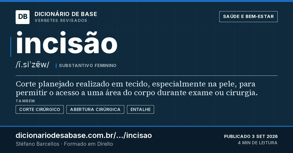 Cartão do verbete incisão: Corte planejado realizado em tecido, especialmente na pele, para permitir o acesso a uma área do corpo durante exame ou…
