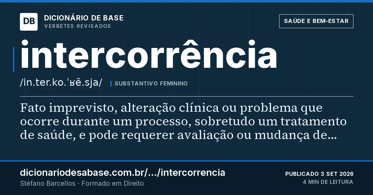Cartão do verbete intercorrência: Fato imprevisto, alteração clínica ou problema que ocorre durante um processo, sobretudo um tratamento de saúde, e pode…