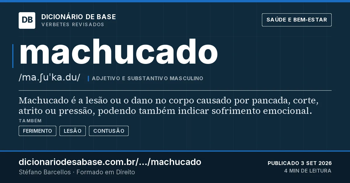 Cartão do verbete machucado: Machucado é a lesão ou o dano no corpo causado por pancada, corte, atrito ou pressão, podendo também indicar sofrimento…