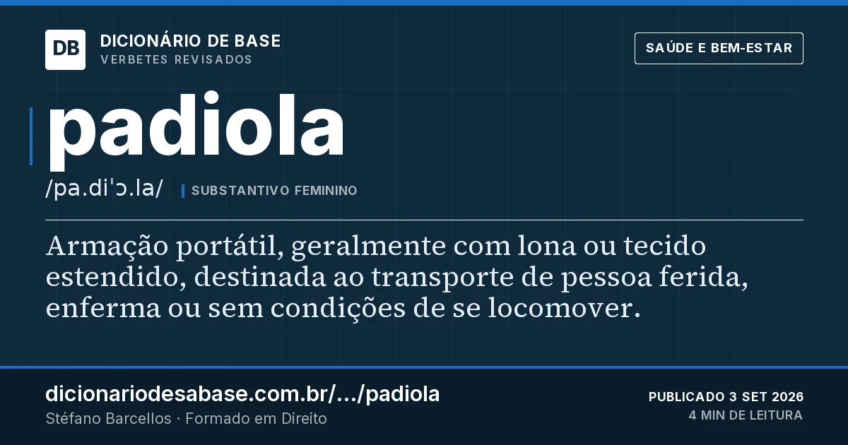 Cartão do verbete padiola: Armação portátil, geralmente com lona ou tecido estendido, destinada ao transporte de pessoa ferida, enferma ou sem…