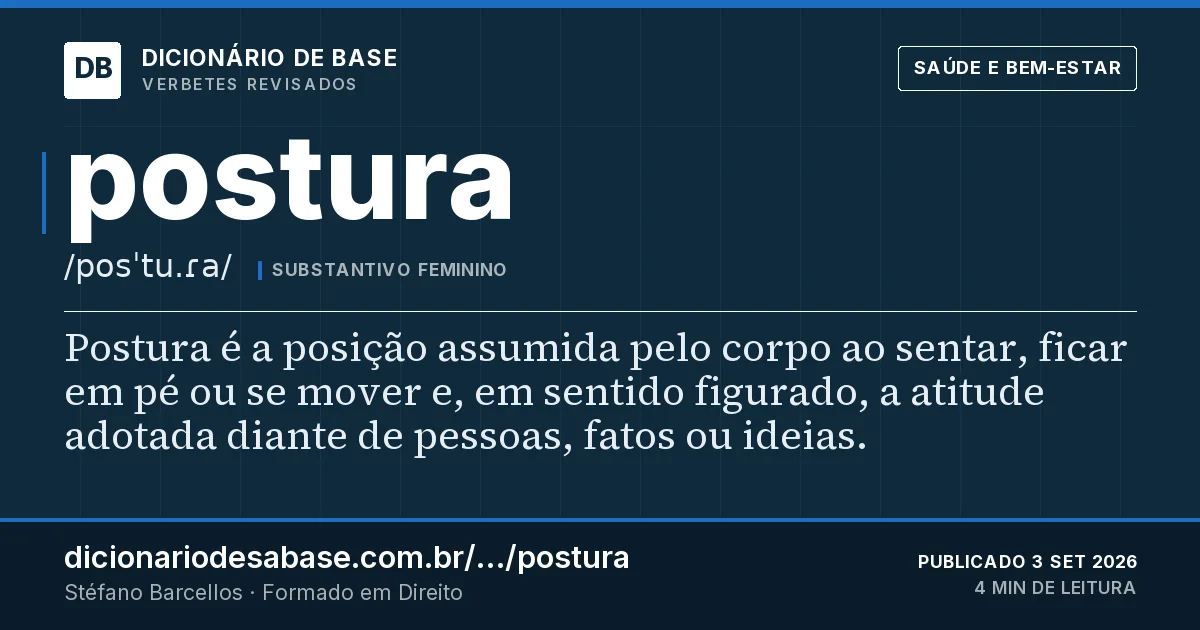 Cartão do verbete postura: Postura é a posição assumida pelo corpo ao sentar, ficar em pé ou se mover e, em sentido figurado, a atitude adotada…