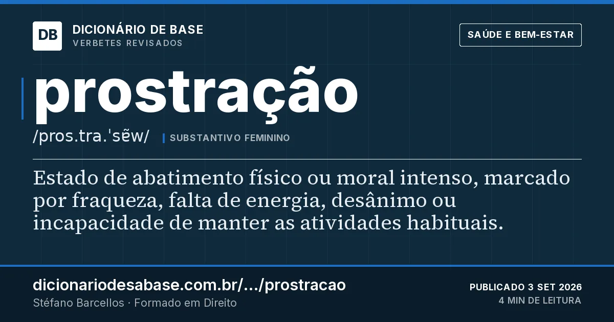 Cartão do verbete prostração: Estado de abatimento físico ou moral intenso, marcado por fraqueza, falta de energia, desânimo ou incapacidade de…