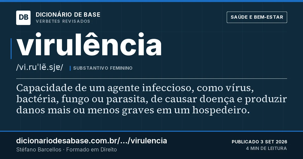 Cartão do verbete virulência: Capacidade de um agente infeccioso, como vírus, bactéria, fungo ou parasita, de causar doença e produzir danos mais ou…
