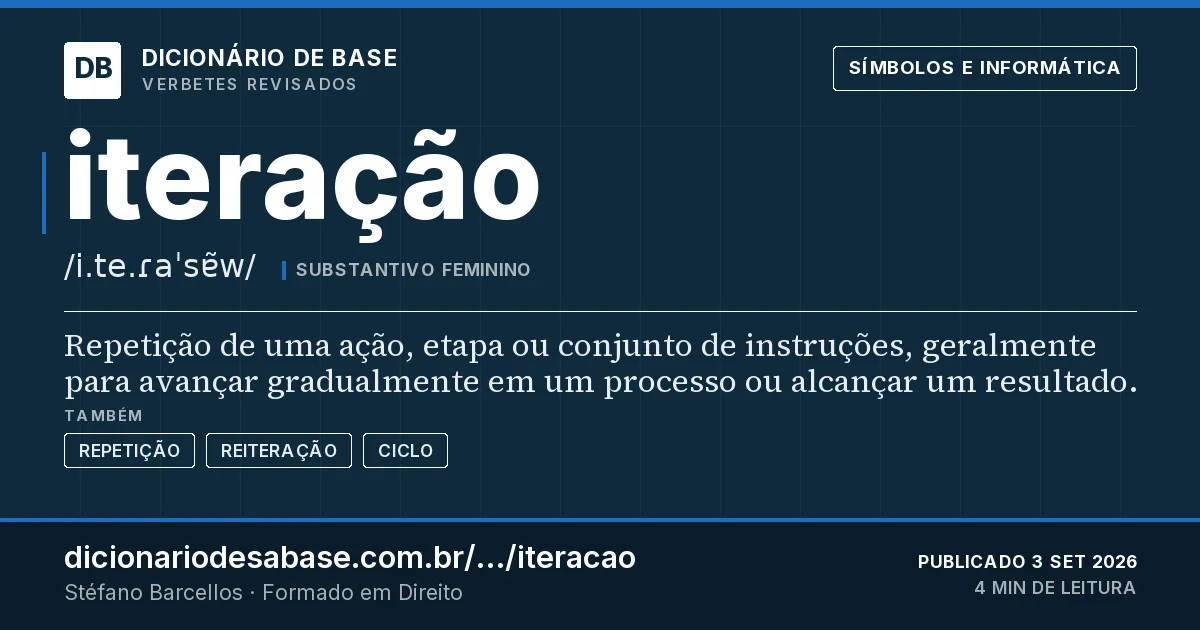 Cartão do verbete iteração: Repetição de uma ação, etapa ou conjunto de instruções, geralmente para avançar gradualmente em um processo ou alcançar…