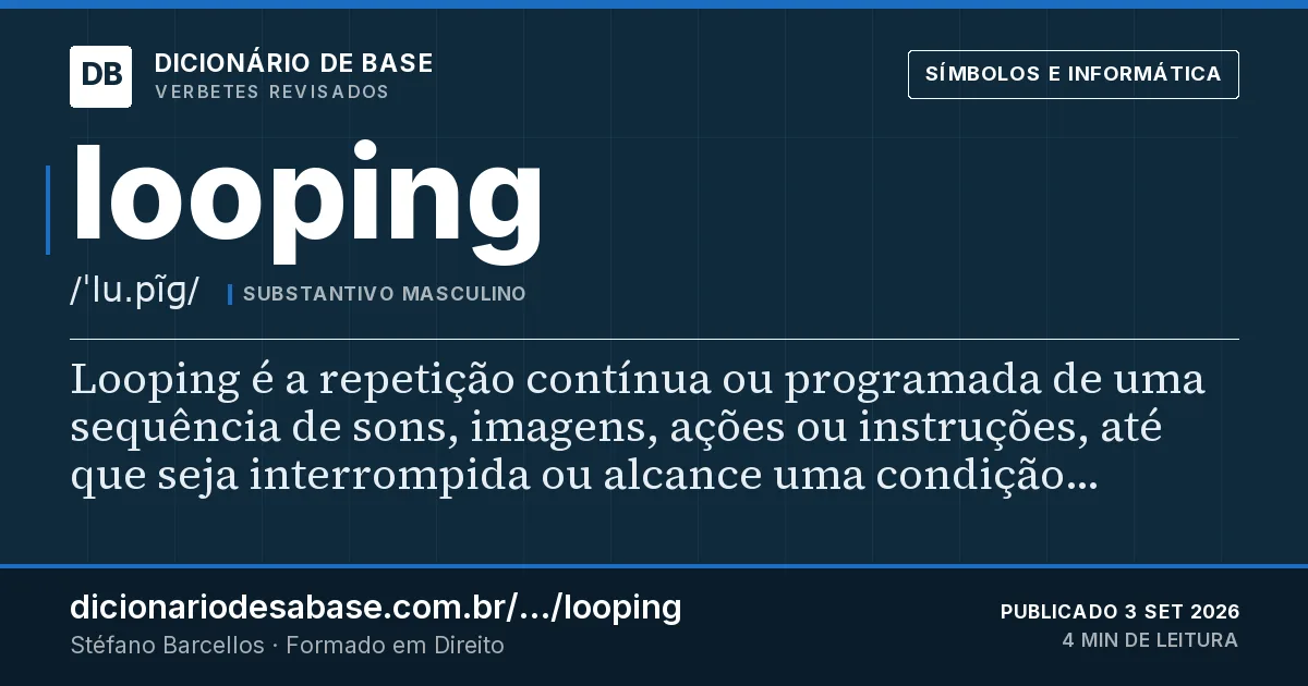 Cartão do verbete looping: Looping é a repetição contínua ou programada de uma sequência de sons, imagens, ações ou instruções, até que seja…