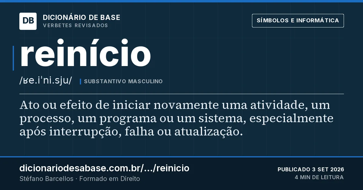 Cartão do verbete reinício: Ato ou efeito de iniciar novamente uma atividade, um processo, um programa ou um sistema, especialmente após…