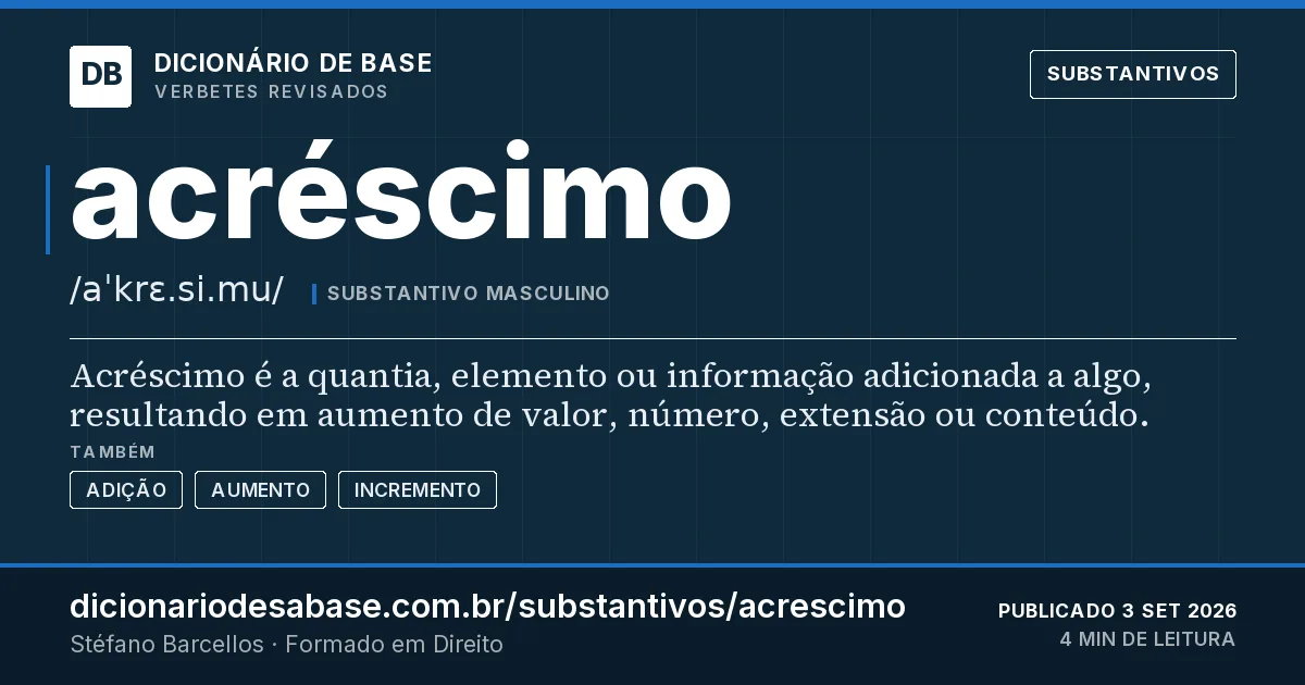 Cartão do verbete acréscimo: Acréscimo é a quantia, elemento ou informação adicionada a algo, resultando em aumento de valor, número, extensão ou…