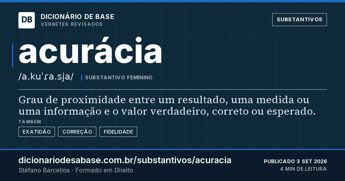 Cartão do verbete acurácia: Grau de proximidade entre um resultado, uma medida ou uma informação e o valor verdadeiro, correto ou esperado.
