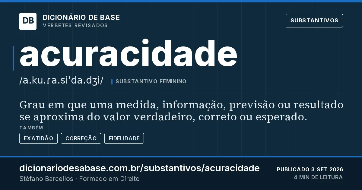 Cartão do verbete acuracidade: Grau em que uma medida, informação, previsão ou resultado se aproxima do valor verdadeiro, correto ou esperado.