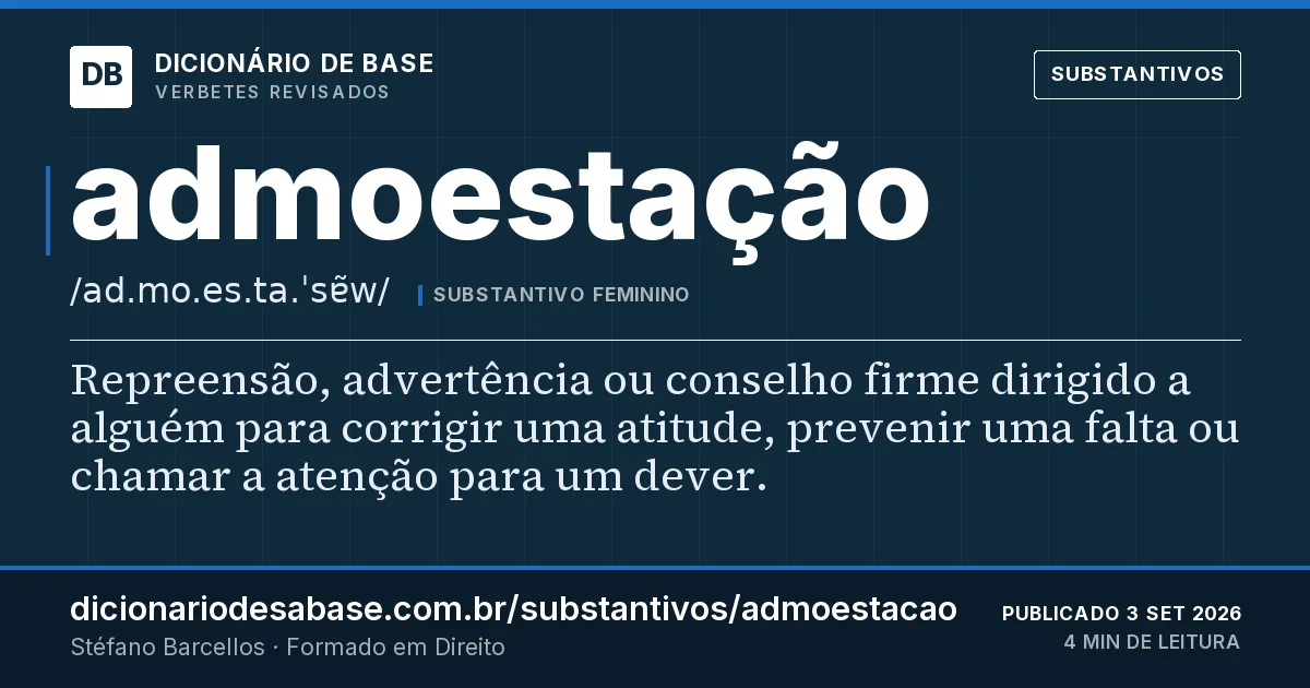 Cartão do verbete admoestação: Repreensão, advertência ou conselho firme dirigido a alguém para corrigir uma atitude, prevenir uma falta ou chamar a…