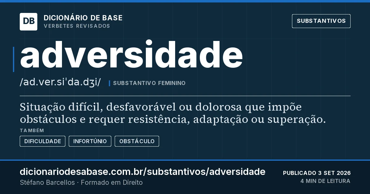 Cartão do verbete adversidade: Situação difícil, desfavorável ou dolorosa que impõe obstáculos e requer resistência, adaptação ou superação.