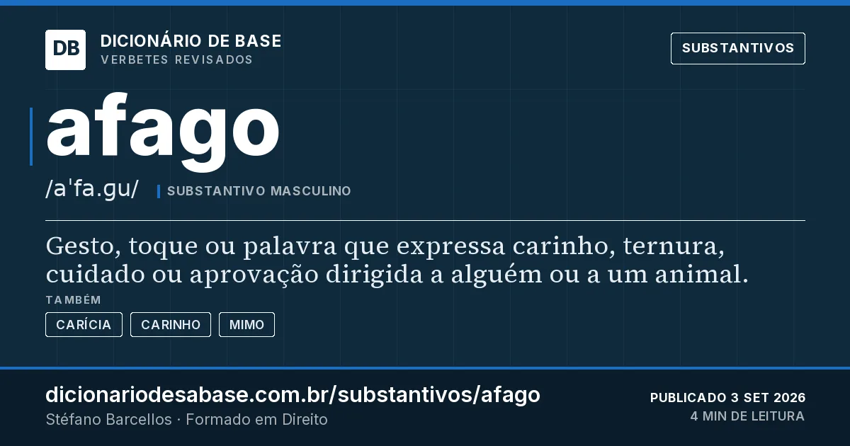 Cartão do verbete afago: Gesto, toque ou palavra que expressa carinho, ternura, cuidado ou aprovação dirigida a alguém ou a um animal.