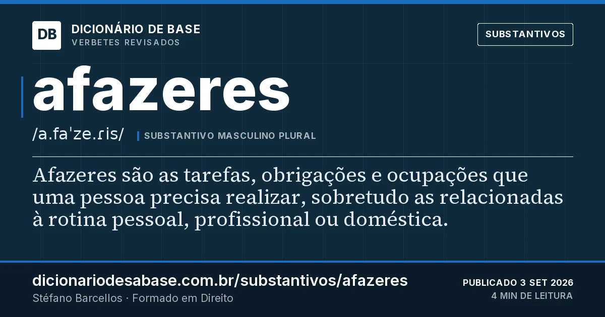 Cartão do verbete afazeres: Afazeres são as tarefas, obrigações e ocupações que uma pessoa precisa realizar, sobretudo as relacionadas à rotina…