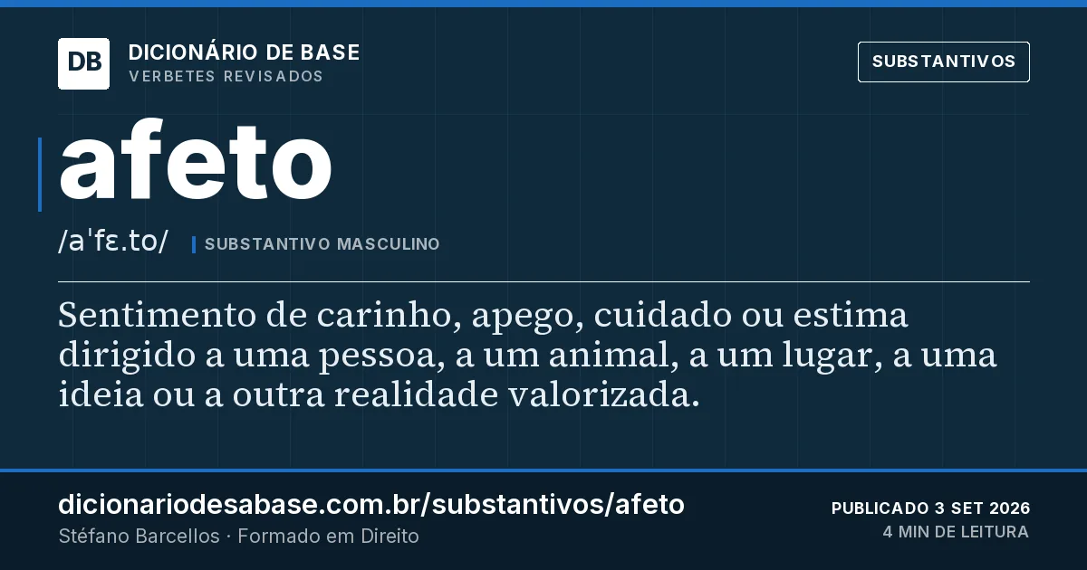 Cartão do verbete afeto: Sentimento de carinho, apego, cuidado ou estima dirigido a uma pessoa, a um animal, a um lugar, a uma ideia ou a outra…