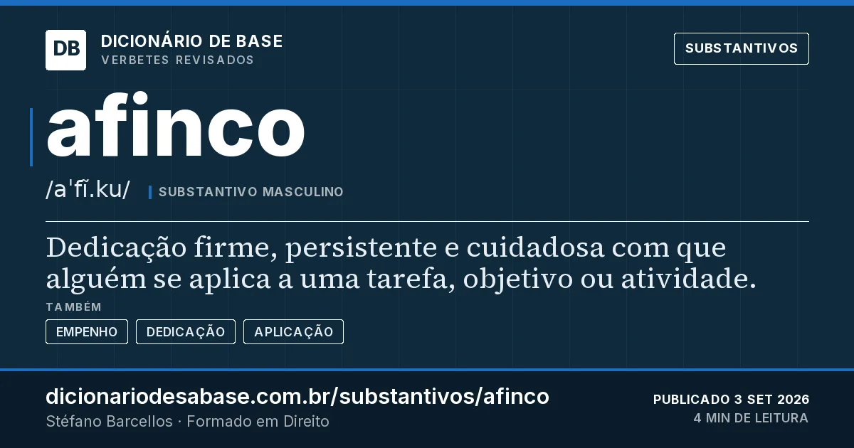 Cartão do verbete afinco: Dedicação firme, persistente e cuidadosa com que alguém se aplica a uma tarefa, objetivo ou atividade.
