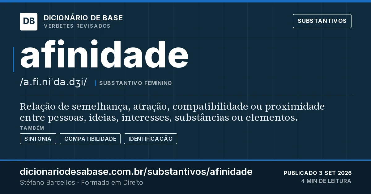 Cartão do verbete afinidade: Relação de semelhança, atração, compatibilidade ou proximidade entre pessoas, ideias, interesses, substâncias ou…