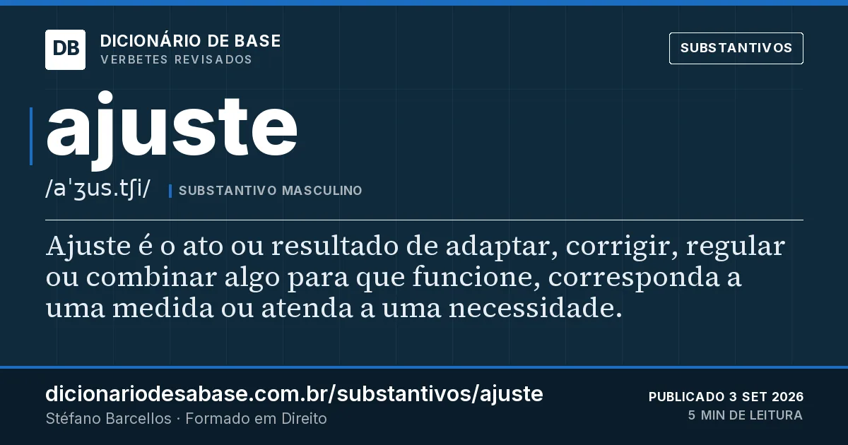 Cartão do verbete ajuste: Ajuste é o ato ou resultado de adaptar, corrigir, regular ou combinar algo para que funcione, corresponda a uma medida…