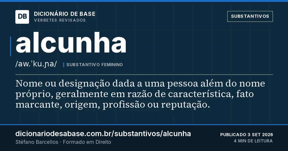 Cartão do verbete alcunha: Nome ou designação dada a uma pessoa além do nome próprio, geralmente em razão de característica, fato marcante…