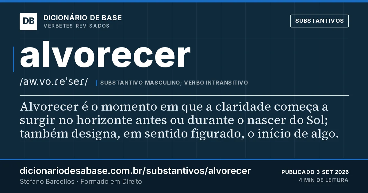 Cartão do verbete alvorecer: Alvorecer é o momento em que a claridade começa a surgir no horizonte antes ou durante o nascer do Sol; também designa…