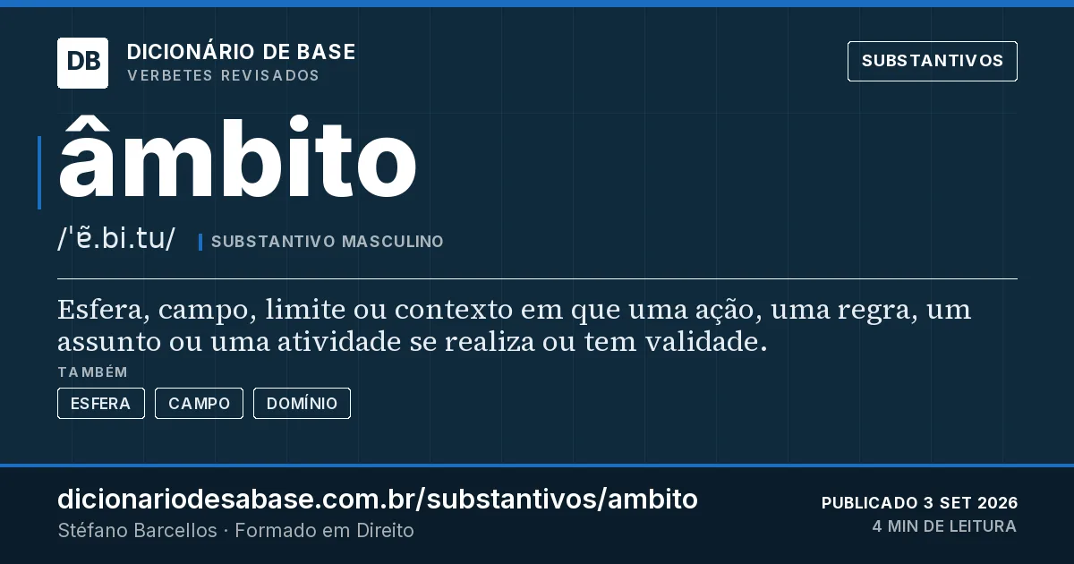 Cartão do verbete âmbito: Esfera, campo, limite ou contexto em que uma ação, uma regra, um assunto ou uma atividade se realiza ou tem validade.
