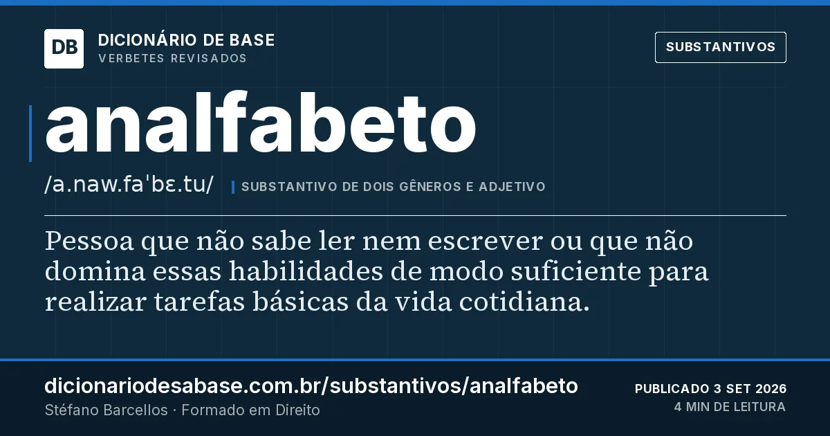 Cartão do verbete analfabeto: Pessoa que não sabe ler nem escrever ou que não domina essas habilidades de modo suficiente para realizar tarefas…