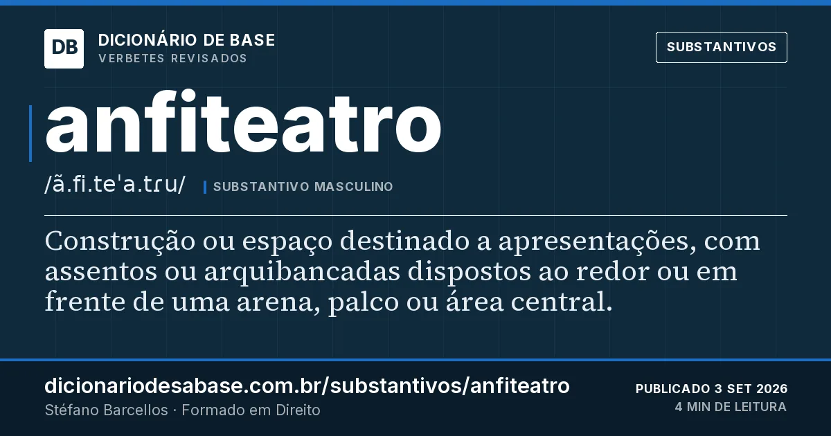 Cartão do verbete anfiteatro: Construção ou espaço destinado a apresentações, com assentos ou arquibancadas dispostos ao redor ou em frente de uma…