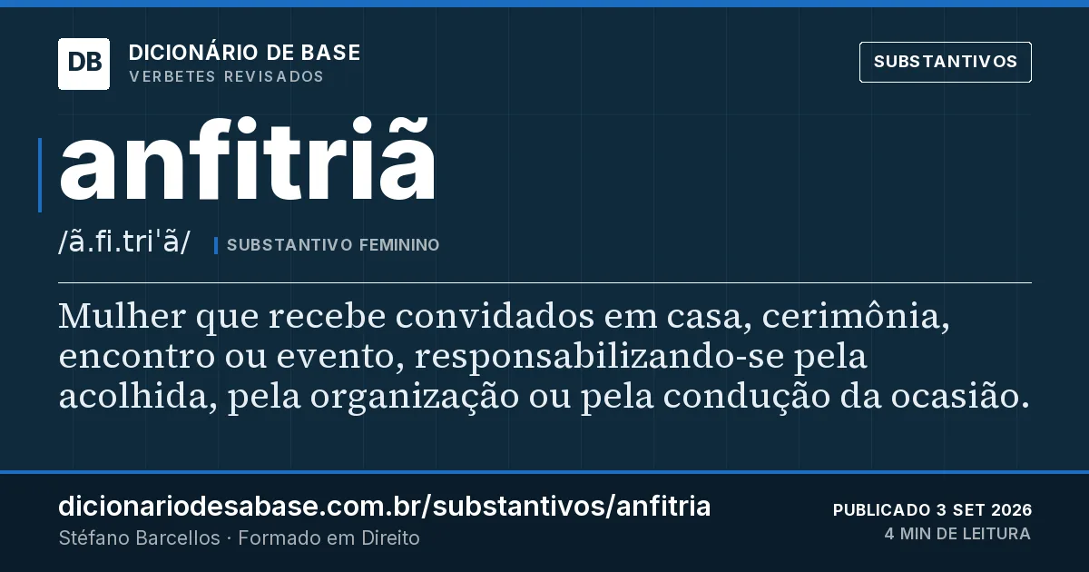 Cartão do verbete anfitriã: Mulher que recebe convidados em casa, cerimônia, encontro ou evento, responsabilizando-se pela acolhida, pela…