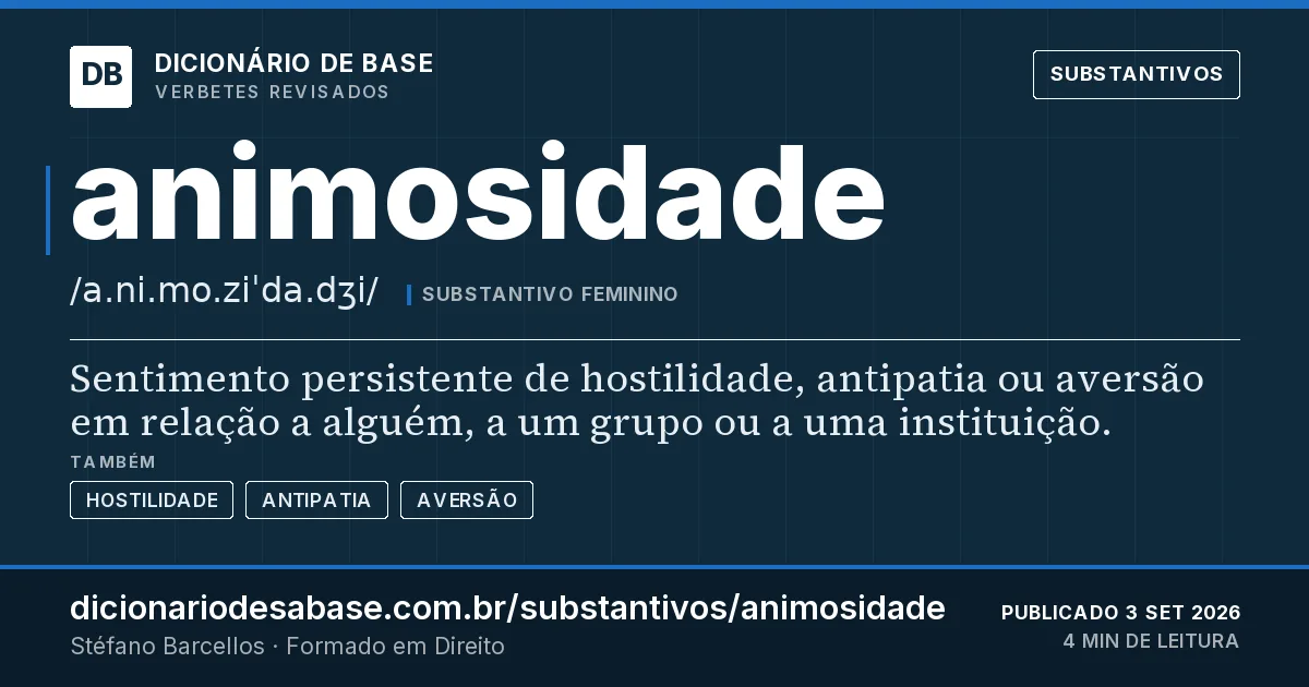 Cartão do verbete animosidade: Sentimento persistente de hostilidade, antipatia ou aversão em relação a alguém, a um grupo ou a uma instituição.