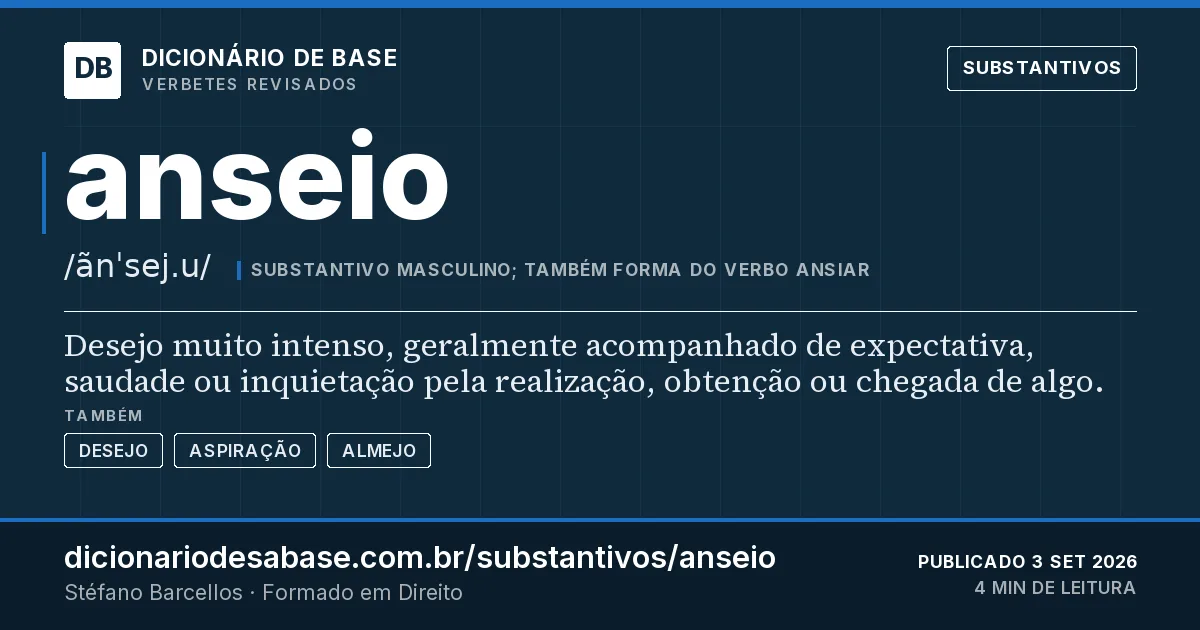 Cartão do verbete anseio: Desejo muito intenso, geralmente acompanhado de expectativa, saudade ou inquietação pela realização, obtenção ou…
