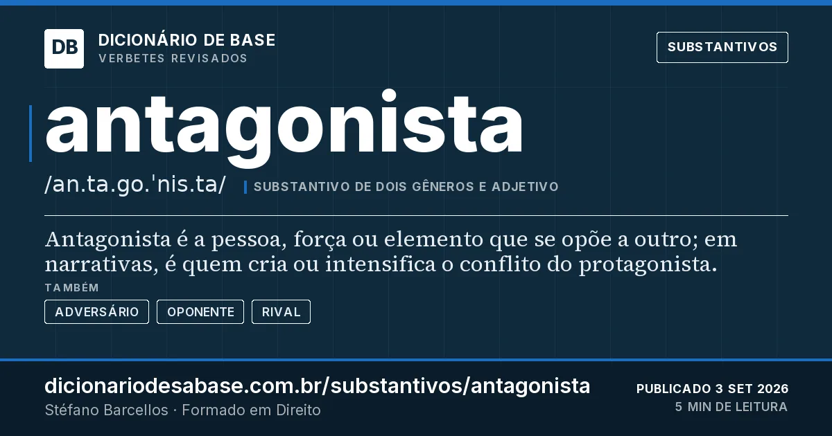 Cartão do verbete antagonista: Antagonista é a pessoa, força ou elemento que se opõe a outro; em narrativas, é quem cria ou intensifica o conflito do…