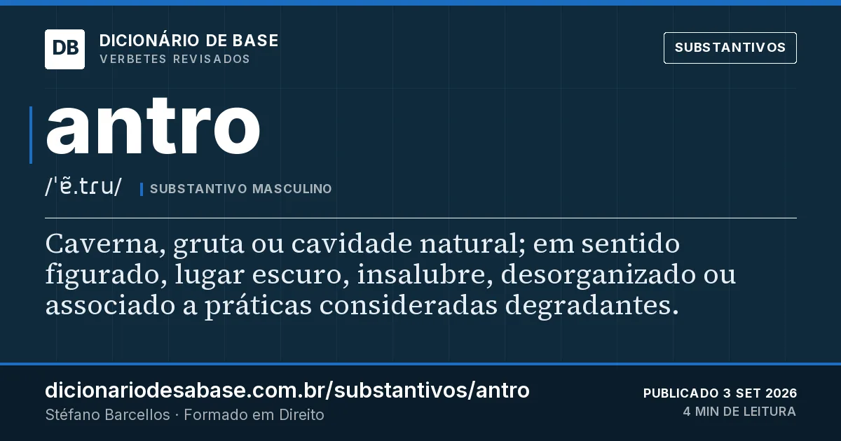 Cartão do verbete antro: Caverna, gruta ou cavidade natural; em sentido figurado, lugar escuro, insalubre, desorganizado ou associado a práticas…