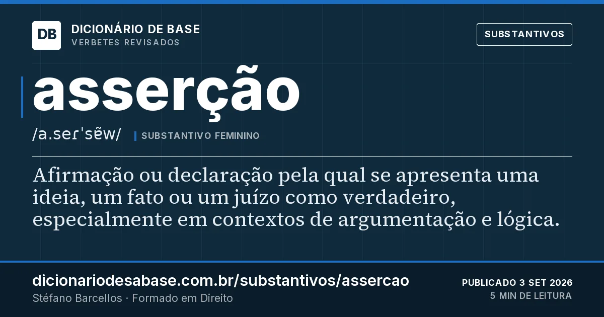 Cartão do verbete asserção: Afirmação ou declaração pela qual se apresenta uma ideia, um fato ou um juízo como verdadeiro, especialmente em…