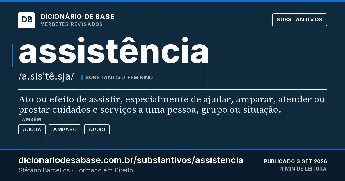 Cartão do verbete assistência: Ato ou efeito de assistir, especialmente de ajudar, amparar, atender ou prestar cuidados e serviços a uma pessoa, grupo…