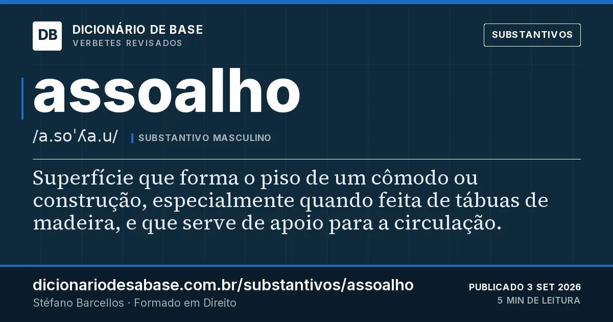 Cartão do verbete assoalho: Superfície que forma o piso de um cômodo ou construção, especialmente quando feita de tábuas de madeira, e que serve de…